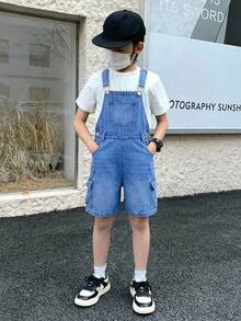 Little Byeori 青少年男孩时尚返校街头风混搭百搭设计Y2K复古酷炫街头蓝色宽松腰带牛仔短裤，适合儿童日常穿着，也适合春夏狂欢节和街头服饰。 - 藍色 - 查看 6