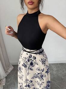 Elenzga 女士夏季新款法式拼接连衣裙，独特设计，印花露背撞色修身收腰连衣裙 - 彩色 - 查看 3