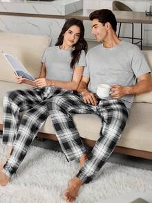 Conjunto de ropa de estar en casa para hombre con top de lino gris casual y pantalones de pijama con estampado a cuadros - Multicolor - Ver 1