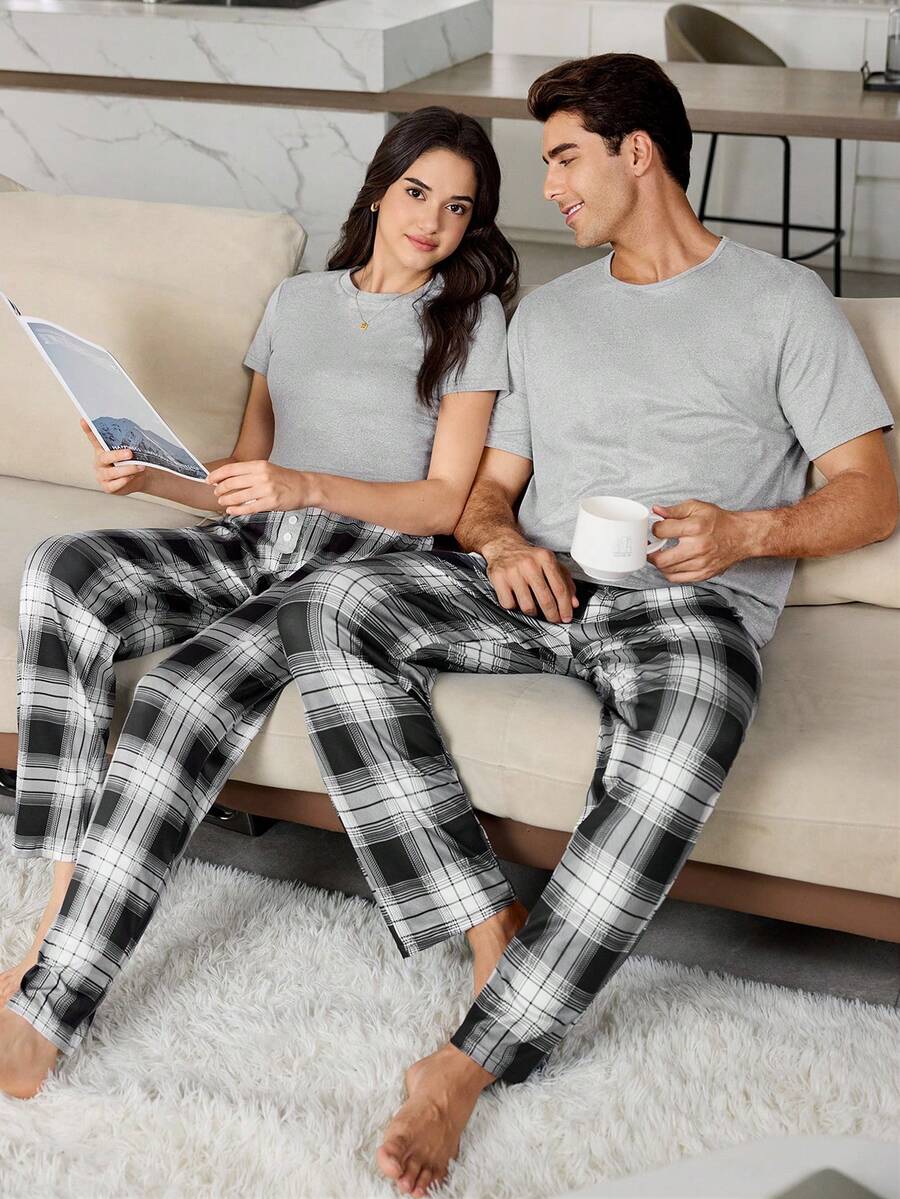 Conjunto de ropa de estar en casa para hombre con top de lino gris casual y pantalones de pijama con estampado a cuadros - Multicolor - Ver 1