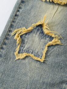Tween Girls' Retro Casual Fashionable Blue Distressed Patch Five-Pointed Star Embroidery Straight Leg Jeans, Vacation & Leisure Style - Blue - View 5