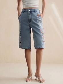 Anewsta Jeans rectos casuales azules de mujer para primavera/verano, de moda lujosa, sexy, con bordado floral hueco y romántico para fiestas y vacaciones - Azul - Ver 5