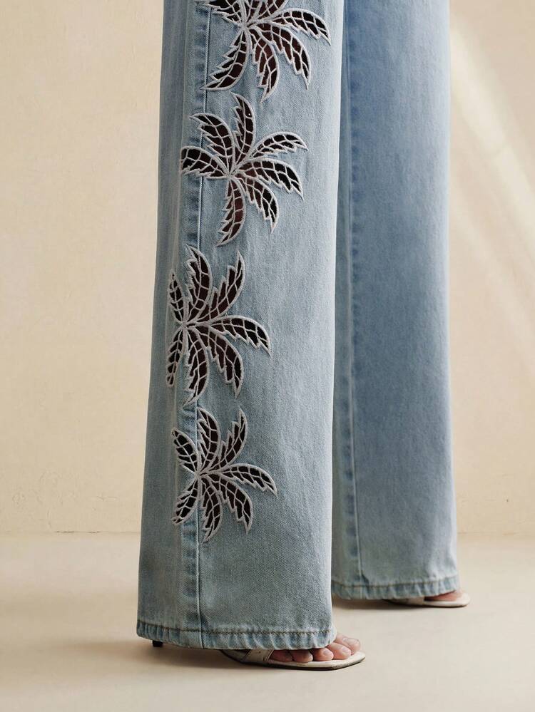 Women's Fashionable Luxurious Sexy Hollow Embroidered Romantic Party Vacation Blue Straight Leg Jeans, Spring/Summer