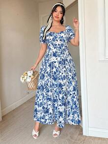 FleurLily Rochie de damă mărime plus, imprimeu floral albastru elegant, decolteu pătrat și mâneci bufante, rochie maxi în linie A cu volane și talie strânsă, rochie de vacanță, rochie versatilă la modă pentru petreceri în grădină - Albastru - Vizualizare 4