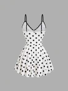 SHEIN Sweetro Đầm ngắn nữ phối ren chấm bi - Màu be - Xem 2