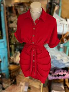 NostaNoir Women's Fashion Solid Color Single-Breasted Tie Bow Ruffle Short Sleeve Shirt Dress - Red - View 3