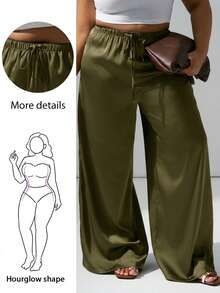 Hourglow Plus Size Women Wrinkle-Resistant Satin Straight Leg Loose Pants, Suitable For Valentine's Day, For Hourglass Body Shape - Army Green - View 1
