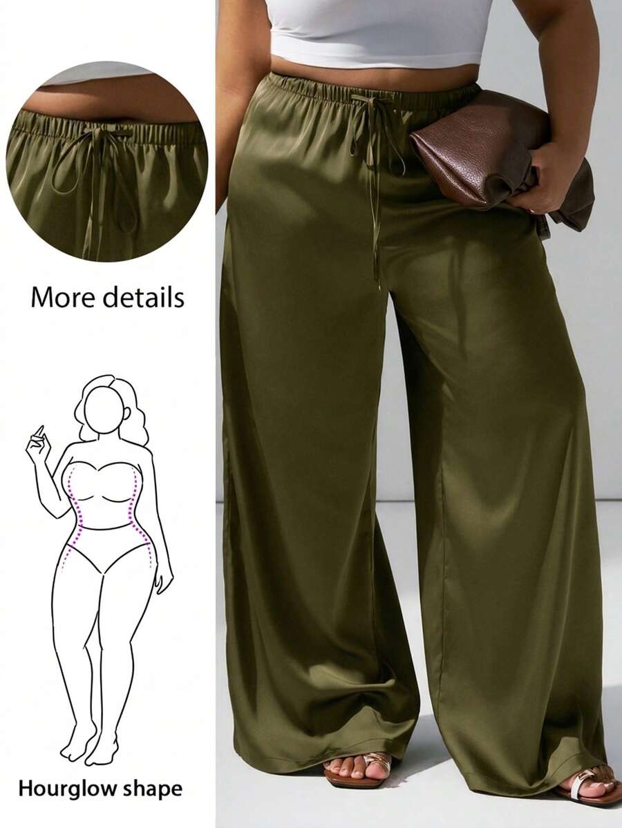Hourglow Plus Size Women Wrinkle-Resistant Satin Straight Leg Loose Pants, Suitable For Valentine's Day, For Hourglass Body Shape - Army Green - View 1