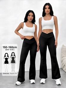 SHEIN PETITE 2024 Mùa Hè Mới Đơn Giản Màu Trơn Quấn Cao Cấp Quần Loe - màu đen - Xem 2