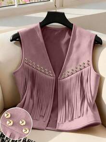 EMERY ROSE Women's Suede Fringe Rivet Decor Boho Casual Jacket, Versatile For Daily, Vacation, Business, Beige, Sleeveless, Early Spring/Spring & Summer - Dusty Pink - View 8