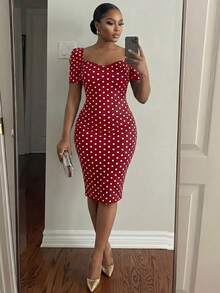 SHEIN Lady CURVE Đầm dự tiệc cỡ lớn dành cho nữ, chấm bi, thanh lịch, thắt eo. - Màu Đỏ Sâu - Xem 6
