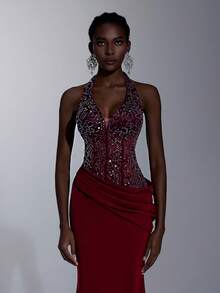 Elitara Đầm maxi cổ chữ V sang trọng, thanh lịch màu đỏ tía, thêu ren đính sequin, eo xếp ly, chân váy đuôi cá, thích hợp cho các buổi hẹn hò, kỳ nghỉ, tiệc độc thân, đám cưới, các sự kiện trang trọng nhân dịp tựu trường, đa năng. - Màu Đỏ Sâu - Xem 1