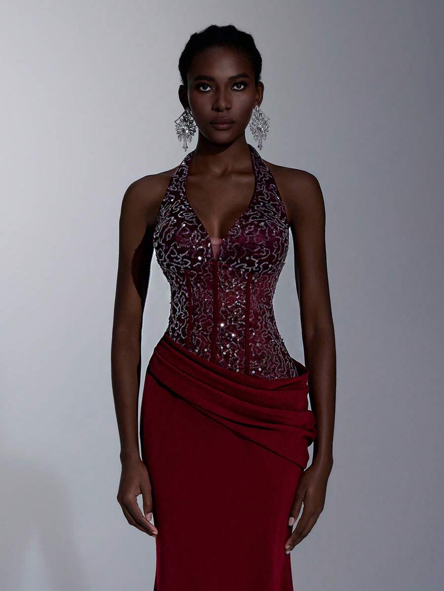 Elitara Đầm maxi cổ chữ V sang trọng, thanh lịch màu đỏ tía, thêu ren đính sequin, eo xếp ly, chân váy đuôi cá, thích hợp cho các buổi hẹn hò, kỳ nghỉ, tiệc độc thân, đám cưới, các sự kiện trang trọng nhân dịp tựu trường, đa năng. - Màu Đỏ Sâu - Xem 1