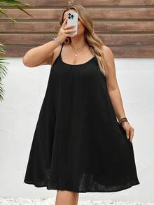 SHEIN CURVE+ 大码女式休闲日常通勤简约百搭100%纯棉纯色纹理面料抽绳腰宽松阔腿裤 - 黑色 - 查看 7