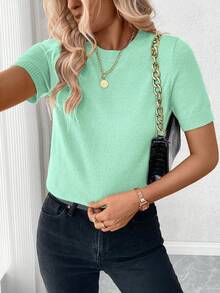 Pariaura Atasan Rajut Lengan Pendek Minimalis Warna Polos untuk Wanita, Cocok untuk Pakaian Sehari-hari - Mint Green - View 4