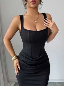 SHEIN PETITE Đầm hè gợi cảm mới, đầm đen, cổ vuông kiểu Pháp, viền corset giả, dáng đuôi cá, thiết kế xếp ly eo, đầm đuôi cá, đầm dự tiệc cưới, thích hợp cho kỳ nghỉ, hẹn hò, tiệc tùng, ngày Valentine, đám cưới. - màu đen - Xem 3