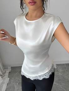 Elenzga 女士优雅无袖束腰蕾丝拼接纯色缎面亮面百搭衬衫，适合约会、外出、旅行、春夏穿着 - 杏色 - 查看 4