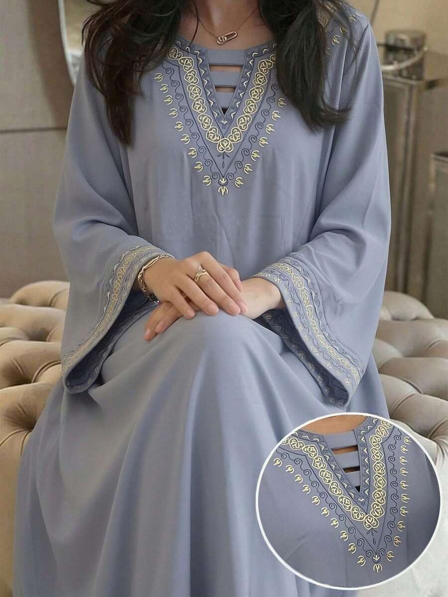 Yasmyna New V-Neck Embroidered Elegant Dress With Sophisticated Design - Baby Blue - View 1