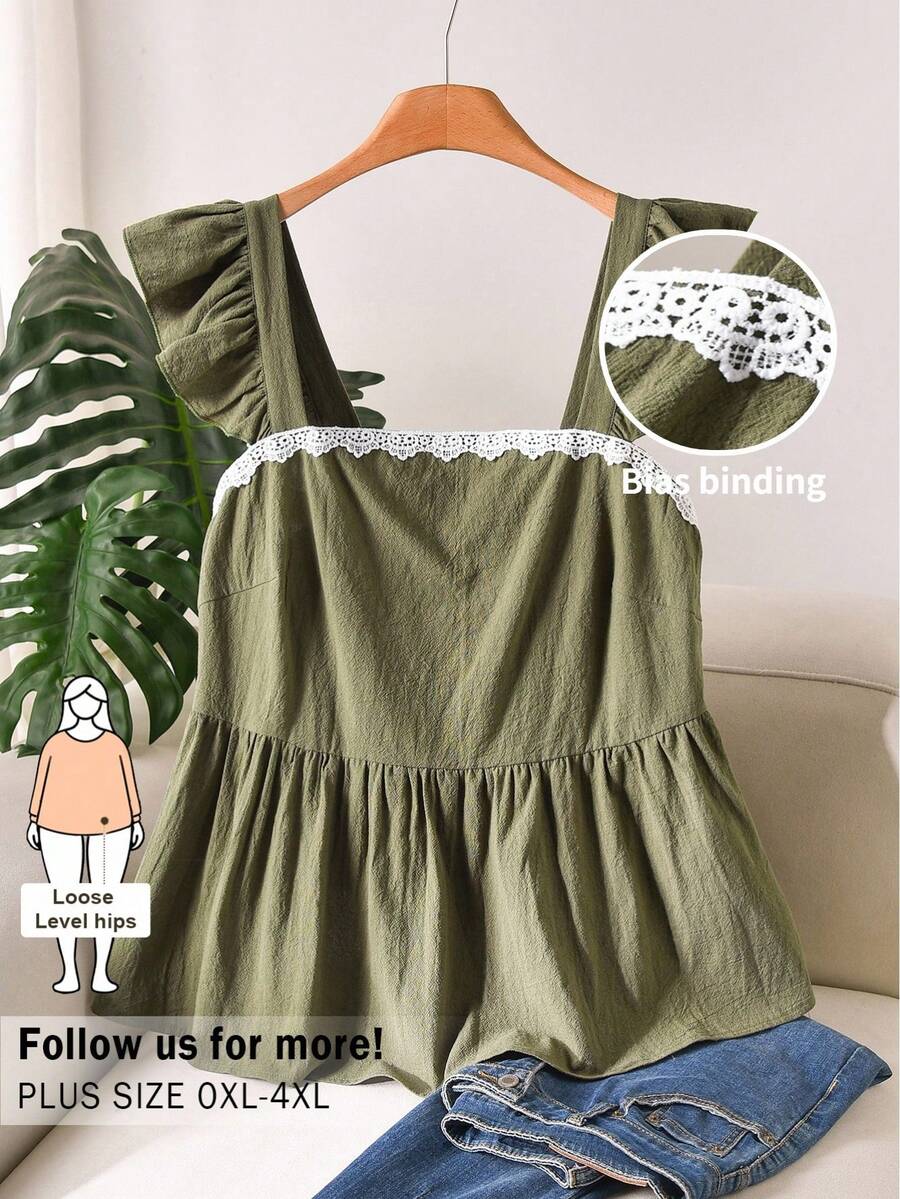 CosyJoli Áo hai dây ren phối màu mùa hè dáng rộng cho nữ, áo kiểu dễ thương mùa hè cho nữ, áo babydoll cho thiếu nữ, áo kiểu mới nhất cho nữ, trang phục lễ hội mới về cho nữ, trang phục mùa hè cho nữ, phong cách đồng quê cho nữ. - xanh quân đội - Xem 1