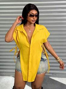 Maweii Plus Size Women Solid Color Single-Breasted Casual Versatile Daily Wear Shirt - Yellow - View 4