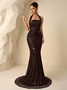 Coutiva Elegant Sequined Halter Neck Slim Fit Party Dress,Suitable For Cocktail,Birthday,Graduation,Wedding Guest,Dinner Dress - Brown - View 5