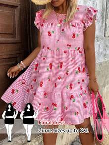 SHEIN CURVE+ Đầm dáng chữ A cổ tròn tay ngắn, thanh lịch, cỡ lớn, in họa tiết hoa và quả anh đào ngọt ngào, thiết kế chân váy xếp tầng bồng bềnh giúp tôn dáng, phù hợp cho đi làm hàng ngày, đi chơi, dự tiệc và nghỉ mát. - Nhiều màu - Xem 1