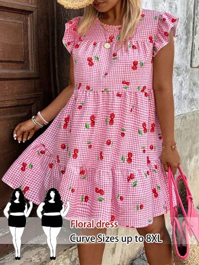 SHEIN CURVE+ Plus Size Elegant Sweet Floral & Cherry Print Round Neck Cap Sleeve A-Line Dress, Slimming Multi-Layer Patchwork Cake Skirt Design, Suitable For Daily Commute, Outing, Party, Vacation