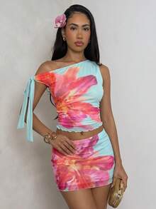 Conjunto informal de 2 piezas de top con hombro asimétrico fruncido y estampado floral talla grande talla y minifalda para vacaciones - Celeste - Ver 5