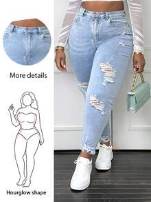 CurvyTilda Talla grande Jeans ajustados desgarro ribete sin dobladillo - Azul - Ver 1