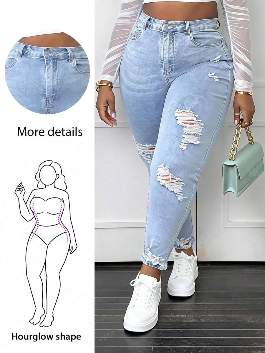 CurvyTilda Talla grande Jeans ajustados desgarro ribete sin dobladillo - Azul - Ver 1