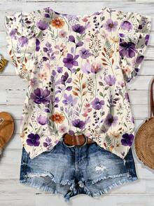 Mellowie Plus Size Women Floral Print Round Neck Casual Versatile Daily Wear Shirt Ruffle Sleeve Blouse Floral Print Top Casual Tops For Women Spring Outfits For Women Blouse For Women - Multicolor - View 2