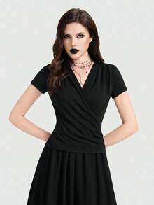 Breakform Áo nữ kiểu Gothic cổ chữ V tay ngắn xếp ly bên hông, áo kiểu ôm sát bằng vải dệt kim, áo sơ mi đen nữ, áo nữ mặc thường ngày, áo nữ mùa hè. - màu đen - Xem 5