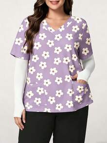 TaskEZ Plus Size Floral Print Short Sleeve Uniform Top - Multicolor - View 4