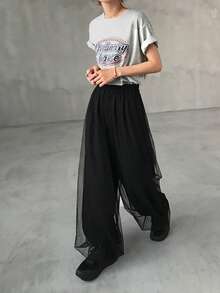 FRIFUL Women's Elastic Waist Mesh Patchwork Casual Versatile Daily Wear Pants - Black - View 3