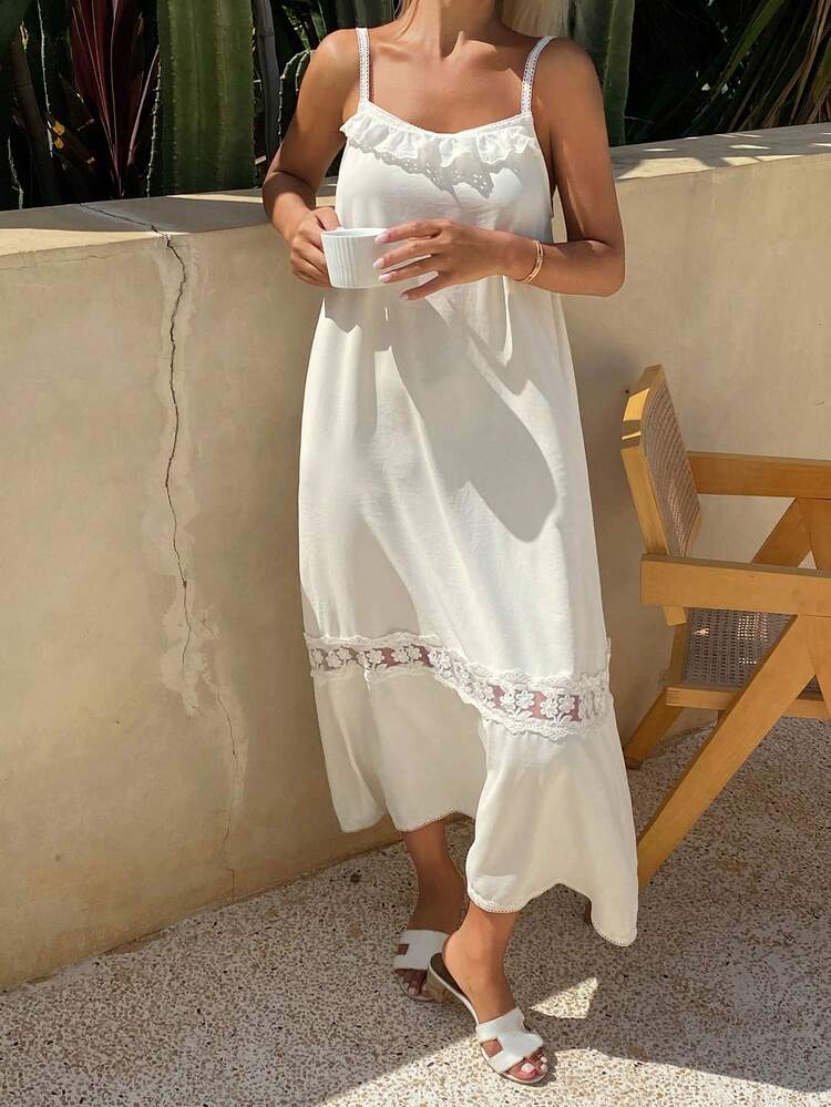 Women's Comfortable Casual Contrast Lace Camisole Nightgown