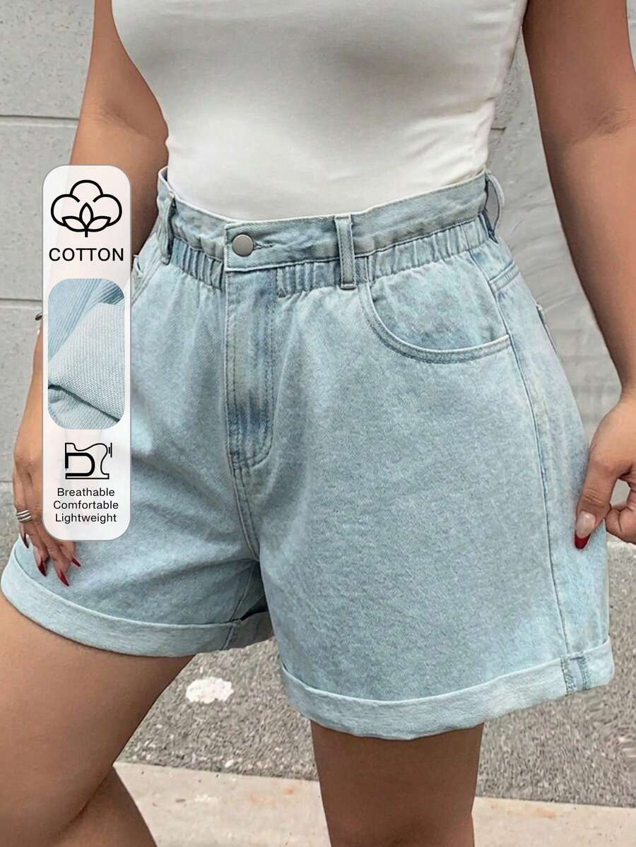 Dazy Plus 夏季款松紧腰宽松阔腿卷边水洗蓝牛仔短裤 - 淺色水洗藍 - 查看 1