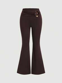 SHEIN Sweetro 2条/套 新款夏季金属扣休闲舒适通勤优雅时尚百搭喇叭裤女裤，咖啡棕色和黑色 - 彩色 - 查看 3