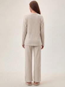 Women 2pcs/Set Casual Letter Print Loose Fit Top And Pants Homewear Suit For Autumn - Beige - View 2
