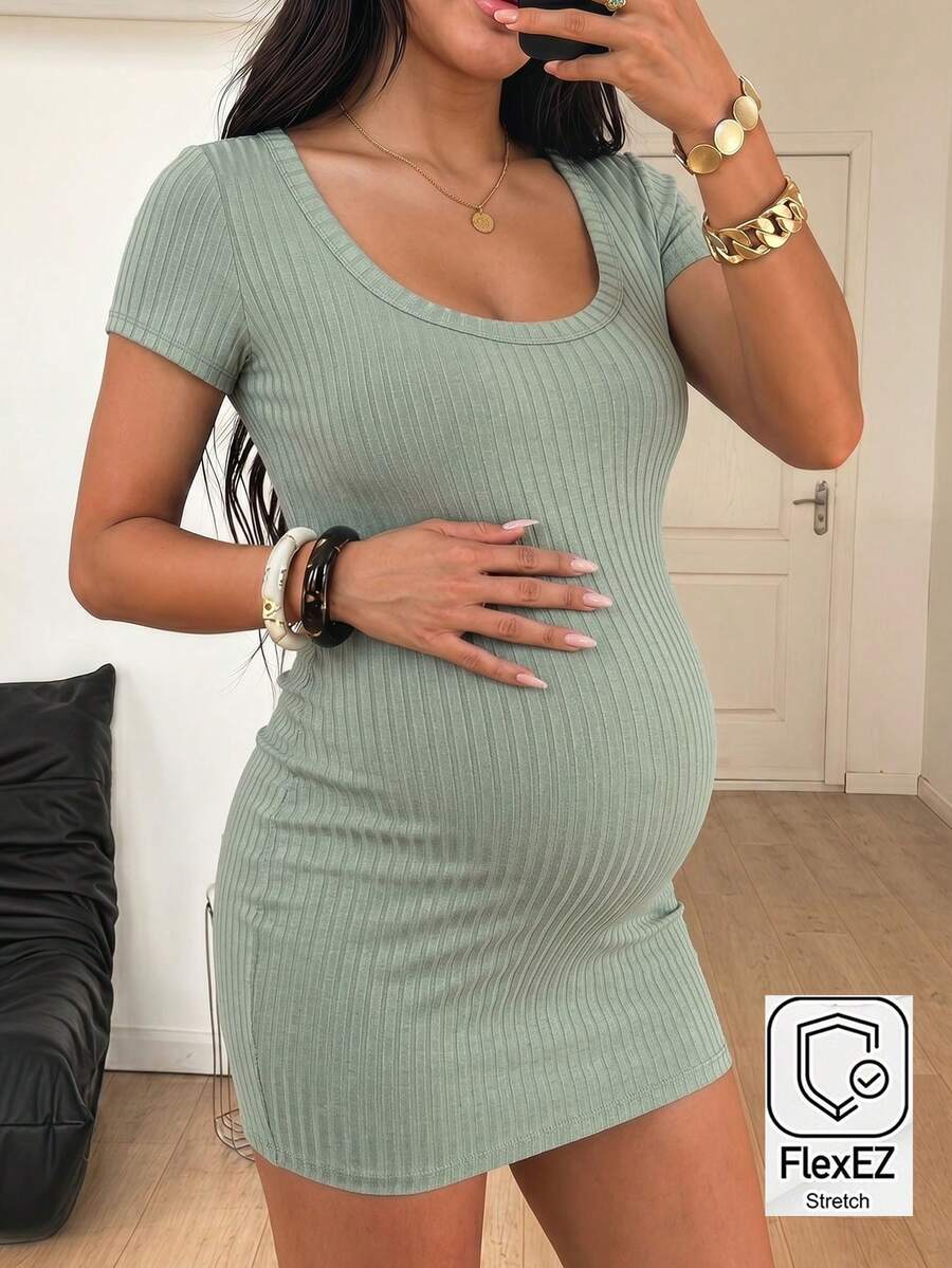 SHEIN 夏季孕妇休闲纯色短袖修身连衣裙 - 綠色 - 查看 1