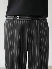 Manfinity Homme 男士 Old Money 風格黑白條紋寬腿褲，休閒寬鬆版型收腰細條紋長褲，適合秋季、辦公室、日常通勤 - 黑色 - 查看 5