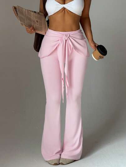 SHEIN Dewbera Women's Spring/Summer Sports Leggings With Skirt, Tight-Fitting Pink Faux Two-Piece Design With Drawstring, Flared Leg, Suitable For Daily Casual Wear, Running, Yoga, Gym, Tennis, Golf