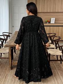 Weeklong Plus Size Women Jacquard Sheer Lace Patchwork Casual Long Dress, Suitable For Everyday Wear In Autumn/Winter - Black - View 2