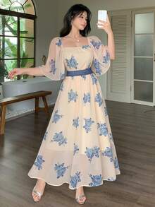 DAZY Vestido longo feminino casual e elegante de primavera/verão com detalhes em renda, estampa floral delicada e cintura marcada. Estilo boho, perfeito para o verão e para as férias. - Azul - Ver 8