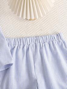 SHEIN Tween Girls' Summer Cute Blue And White Striped 2-Piece Set,Vacation Holiday Ruffle Blouse And Shorts,Minimalist Comfortable Outfits For Youth Girls - Blue and White - View 8
