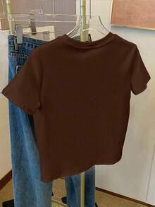 女士字母压纹短袖休闲圆领T恤 - 咖啡棕 - 查看 2