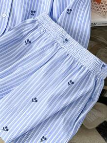 Resyla Conjunto casual de 2 piezas de camisa de rayas de una sola hilera y pantalones cortos para mujer - Multicolor - Ver 4