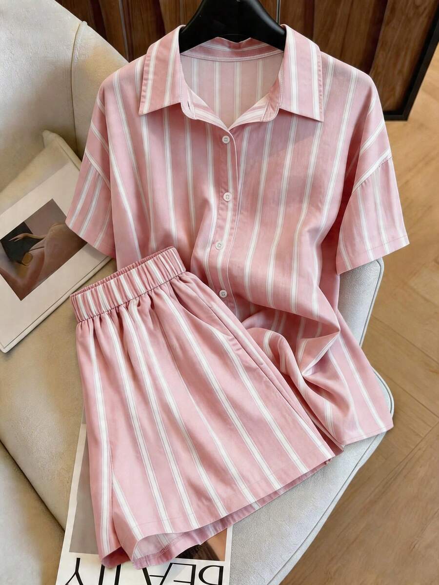 SHEIN 女士条纹单排扣上衣和短裤休闲日常穿搭 - 粉色 - 查看 1