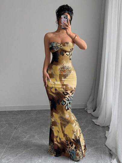 Selianne Đầm ôm sát không tay, lưng xoắn, khoét rỗng, buộc dây, họa tiết da báo.