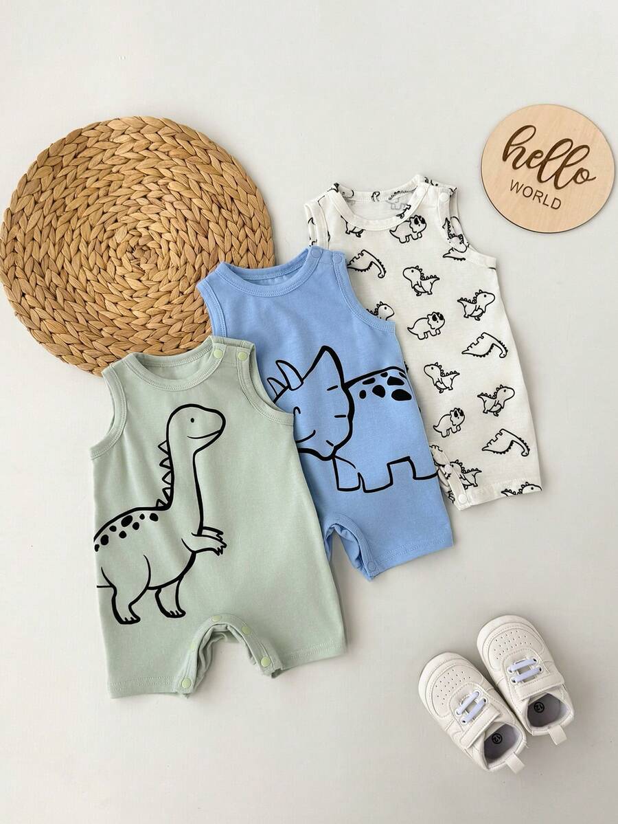 Set de 3 piezas de pelele sin mangas para bebé recién nacido niño con lindo estampado de dinosaurio de punto para verano - Multicolor - Ver 1