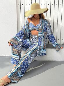 EURMUSE Bộ đồ 3 món phong cách Bohemian tua rua, họa tiết hoa văn Paisley, áo bralette ngắn, quần ống rộng, áo kimono dài tua rua, họa tiết xanh dương và be, trang phục nghỉ dưỡng, trang phục lễ hội, áo khoác ngoài đi biển, sẵn sàng cho du lịch. - Nhiều màu - Xem 7